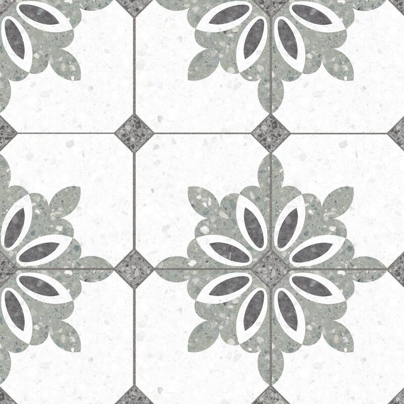 Merola Tile Riviera Octagon Verde with Taco Nero 7-7/8" x 7-7/8" Porcelain Floor and Wall Tile