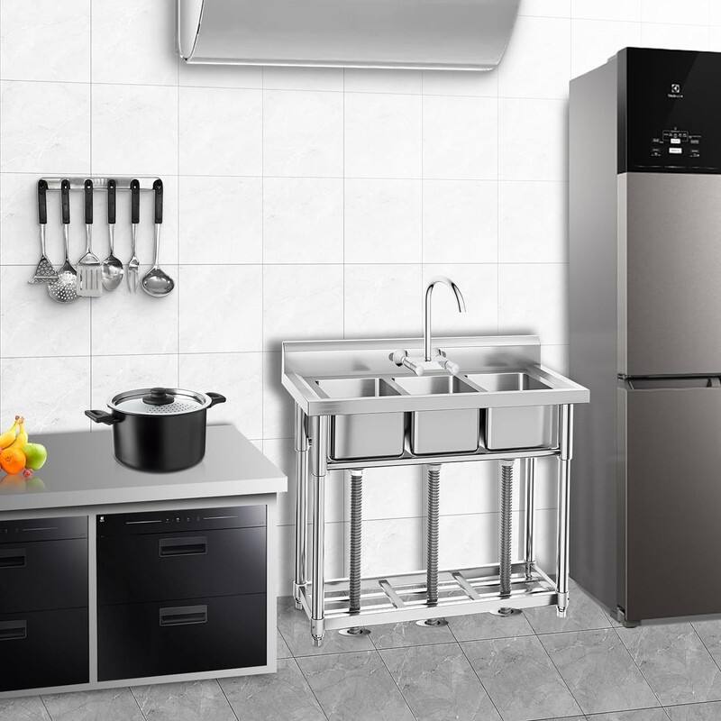 Stainless Steel Freestanding Kitchen Utility Sink - Three Sink with Shelf