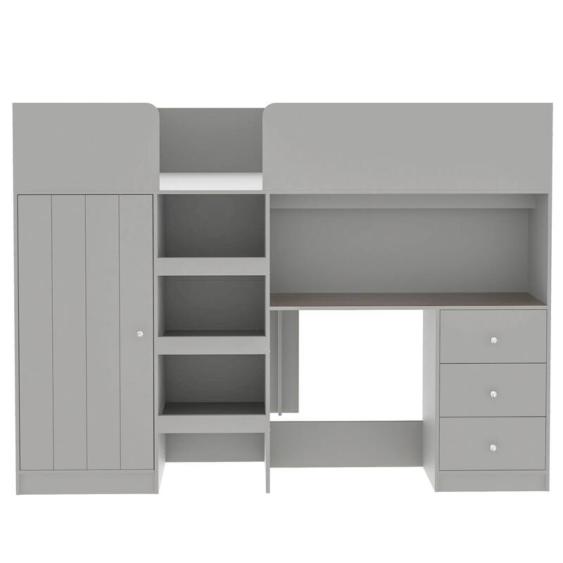 Full Size Loft Bed with Built-in Wardrobe, Desk, Storage Shelves and Drawers, Grey