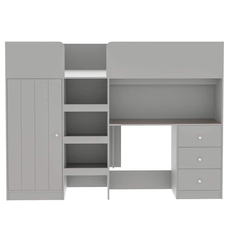 Full Size Loft Bed with Desk, Wardrobe, Drawers & Shelves, Wood Frame with Built-In Storage and Study Area