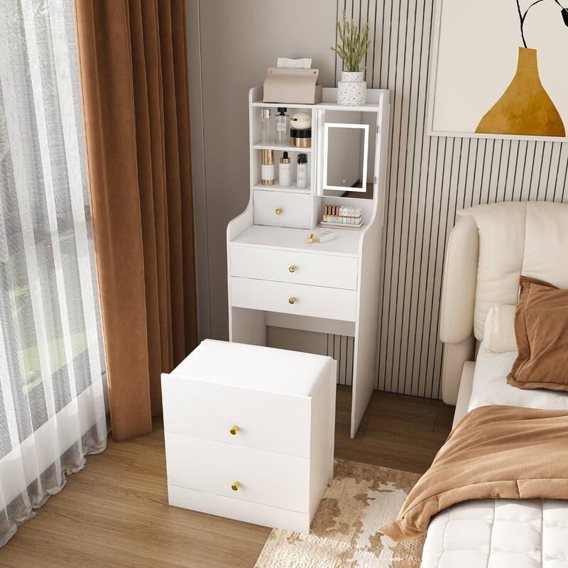 3-in-1 Dressing Table with LED Mirror & Storage Stool - Compact Makeup Vanity with 4 Drawers, Storage Cabinet & Hidden Stool