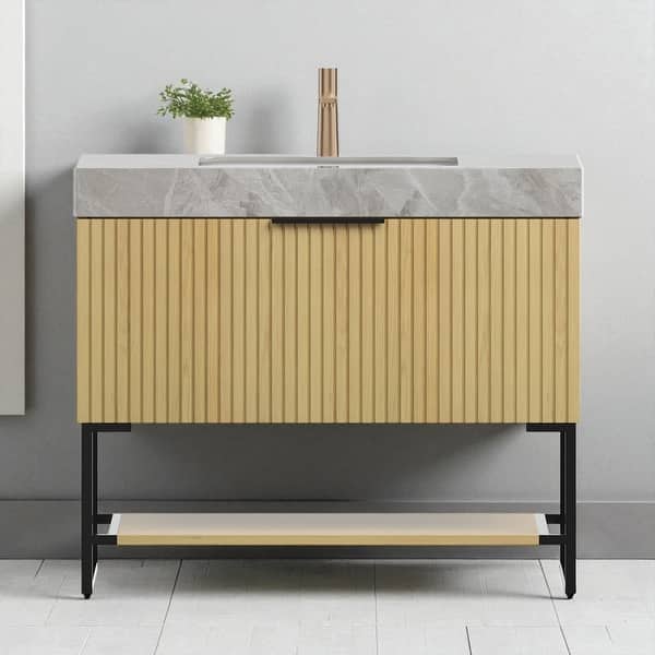 slide 2 of 5, 36" Freestanding Bathroom Vanity with Undermount Ceramic Sink Sintered Stone Top Drawer and Open Shelf Golden Oak