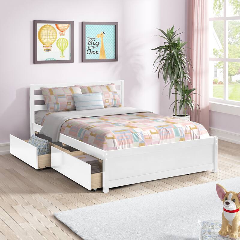 White Panel Bed Frame Full Size Platform Bed Wood Bed with 4 Storage Drawers and Headboard, Space-saving Bed