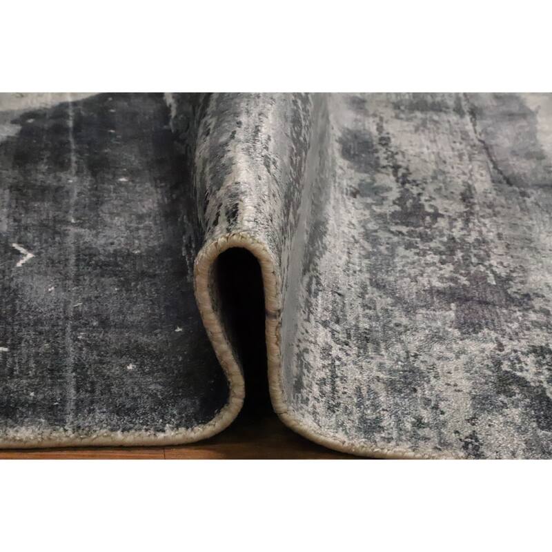 Hand Knotted Oriental Viscose Silk Carpet Modern Pictorial Greys & Charcoal Abstract Area Rug - 7' 8'' X 5' 7''