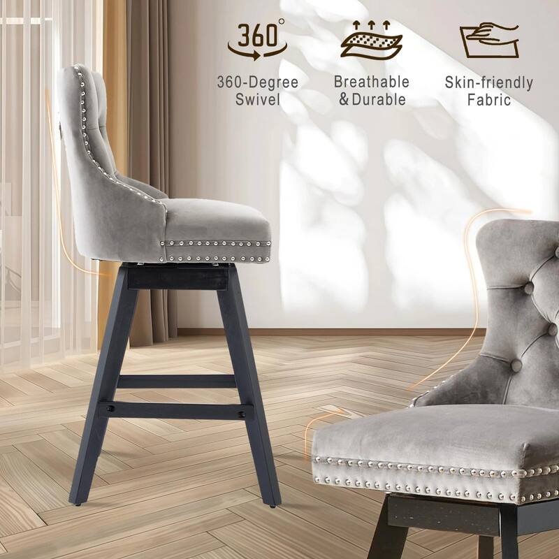Tufted Swivel Velvet Rubberwood Nailhead Barstools (Set of 4)
