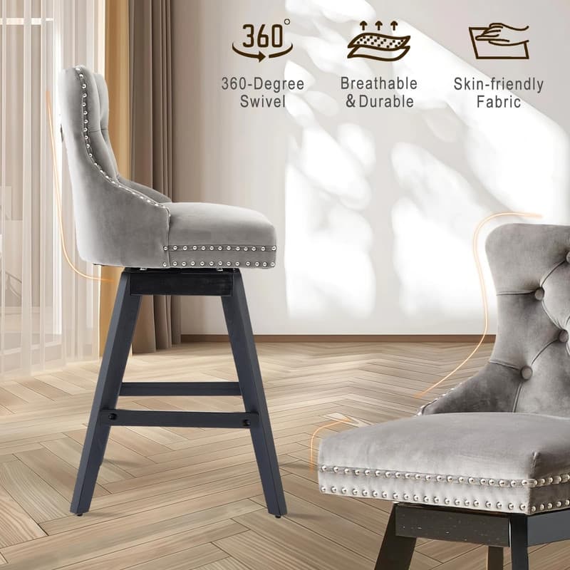 Velvet Wing-Back Tufted Nailhead Upholstered Bar Stools (Set of 2)