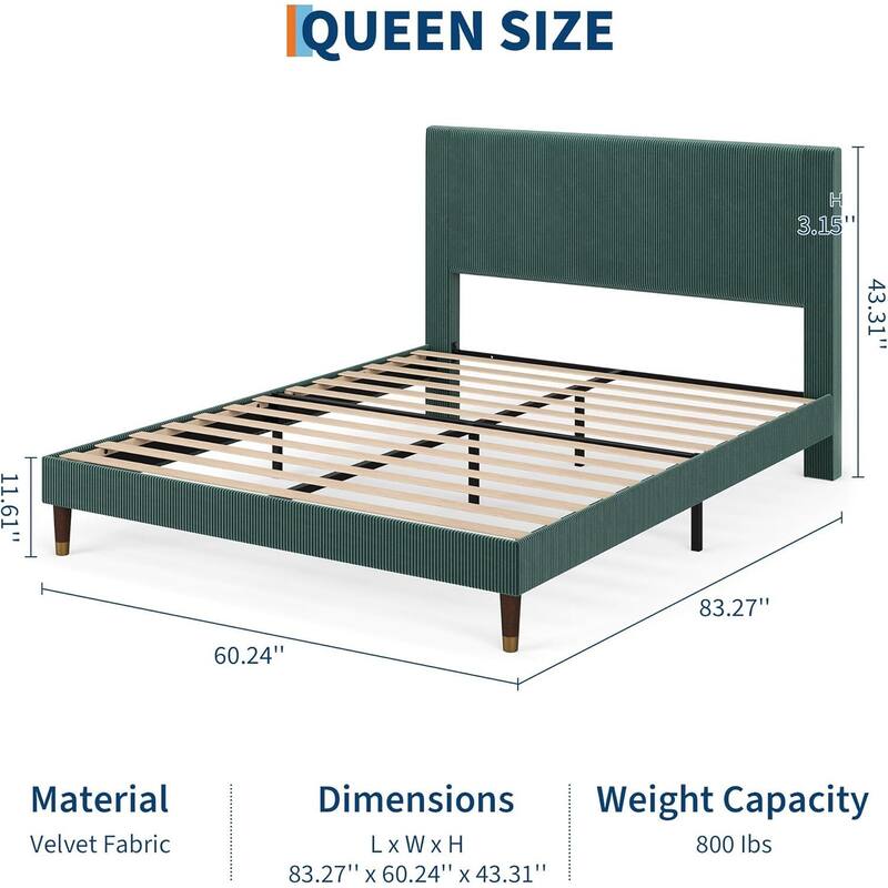 Soft Corduroy Fabric Platform Bed Frame with Upholstered Headboard, Dark Green