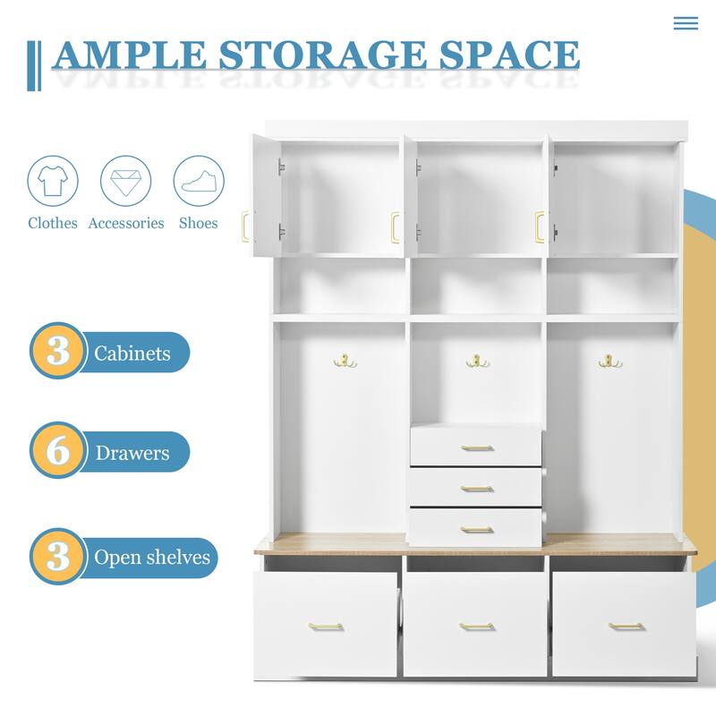 75" Hall Tree with Bench, 6 Drawers, 3 Cabinets & Coat Rack, 5-in-1 Entryway Storage