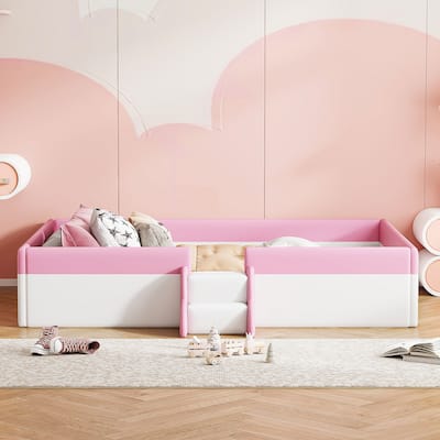 Twin/King Size Upholstered Platform Floor Bed with Fence and Stairs, PU Leather Daybed Frame, Wooden Slats Support