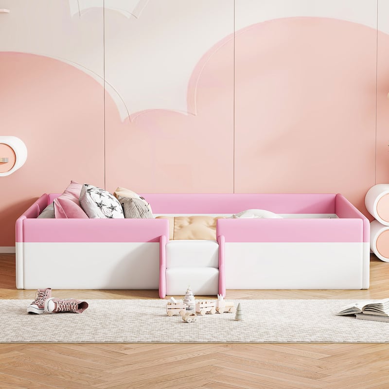 Upholstered Daybed with Fence and Stairs,A Fun and Comfortable Addition - Pink+White-Twin Size