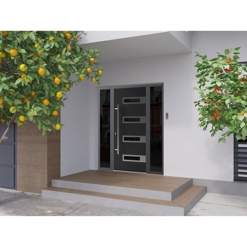 Front Exterior Prehung Steel Door Ronex 0131 Black Enamel Stainless Inserts Entry Metal Painted W36xH80 Left hand Inswing