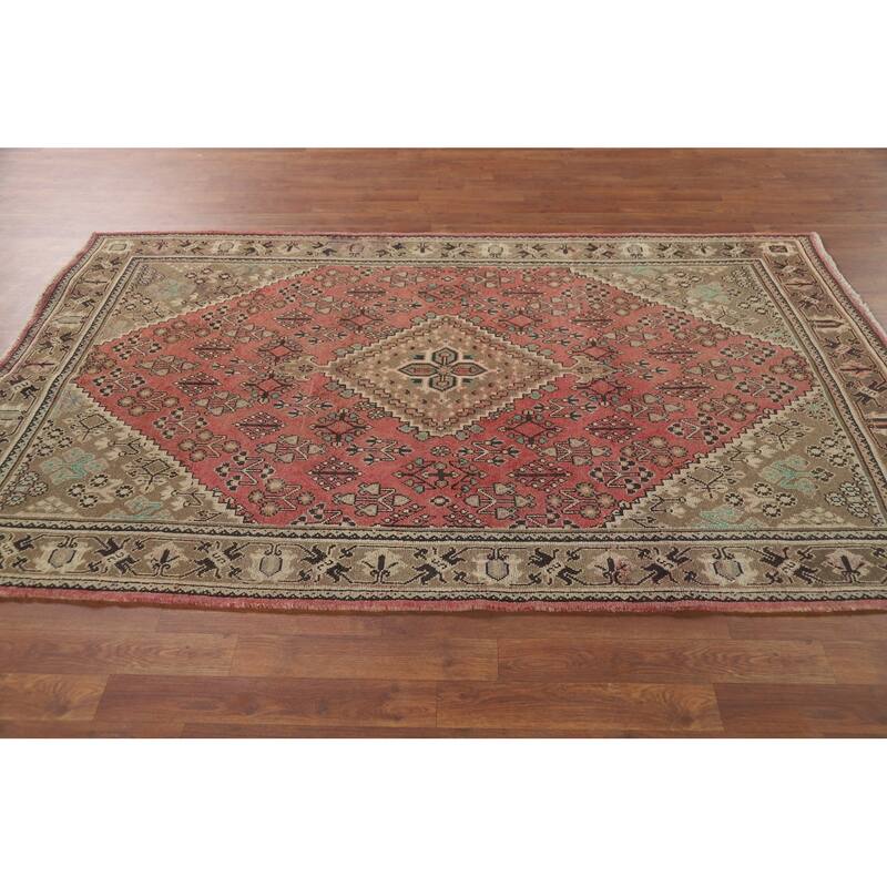 Pink Geometric Joshaghan Persian Vintage Area Rug Handmade Wool Carpet - 4'6" x 7'4"