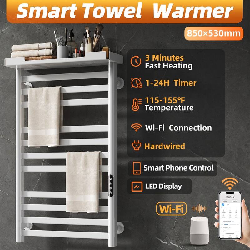 Heated Towel Rack with Shelf and Wi-Fi App Control