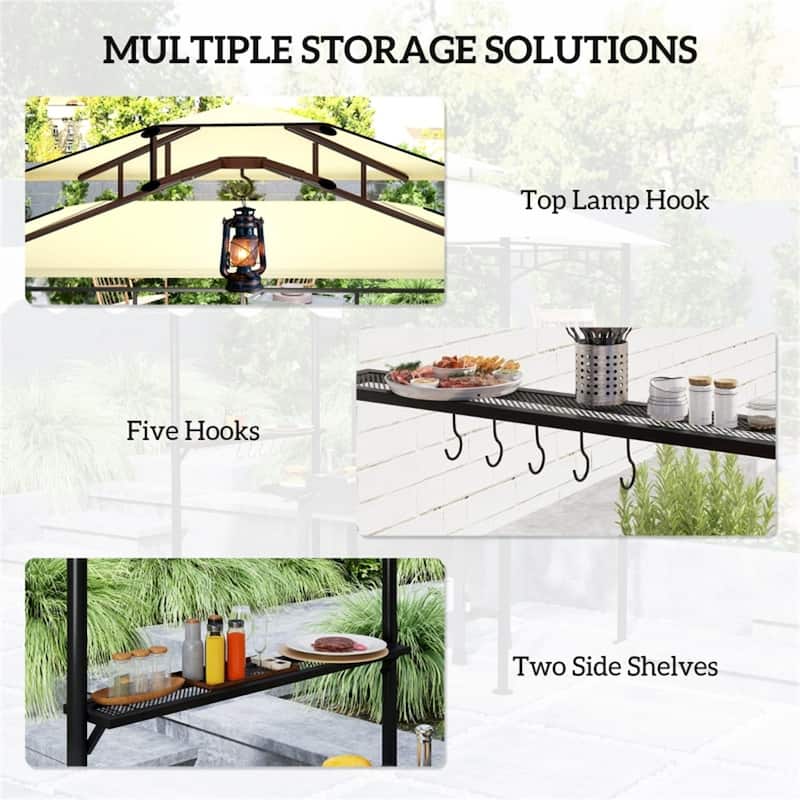 Brown Grill Gazebo with Powder-Coated Metal Frame Adjustable Awning Double Top PA-Coated Polyester Canopy Side Shelves