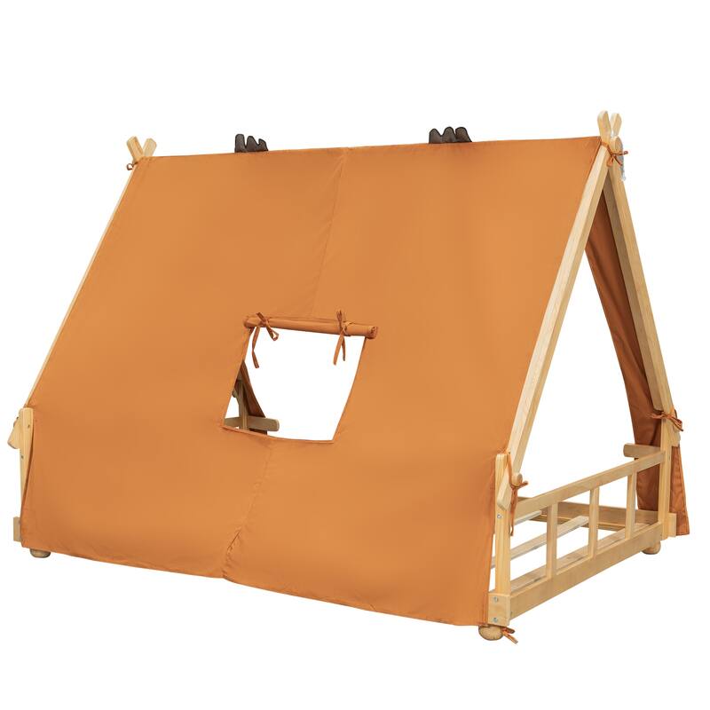 Deer Antler Accents House Bed Tent with Light and Roll-Up Curtain Skylight, Low Platform Bed with Detachable Tent and Roof