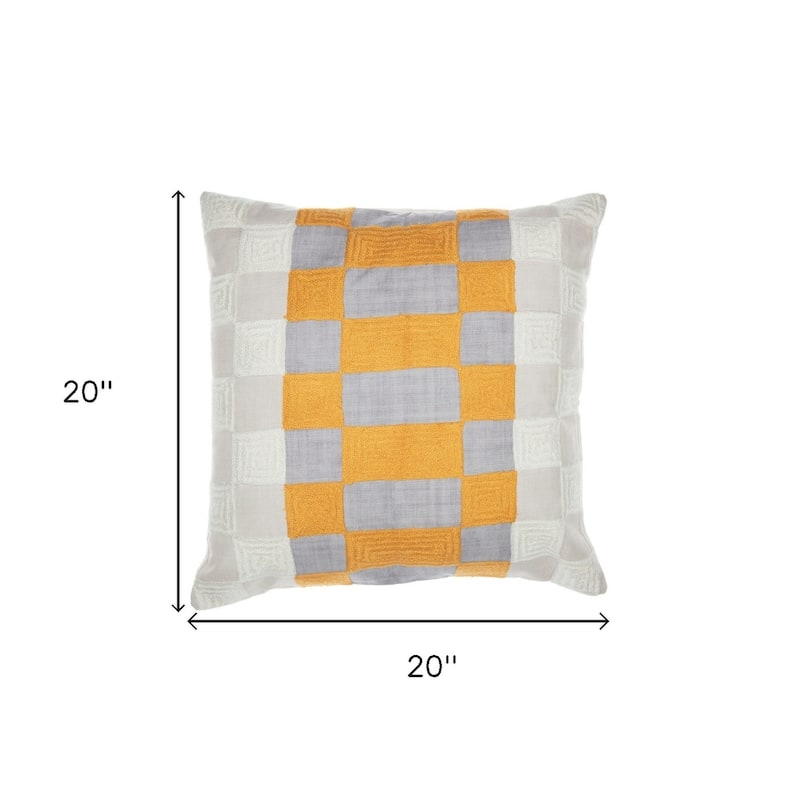 HomeRoots 20" Yellow and Gray Check Throw Pillow With Embroidery