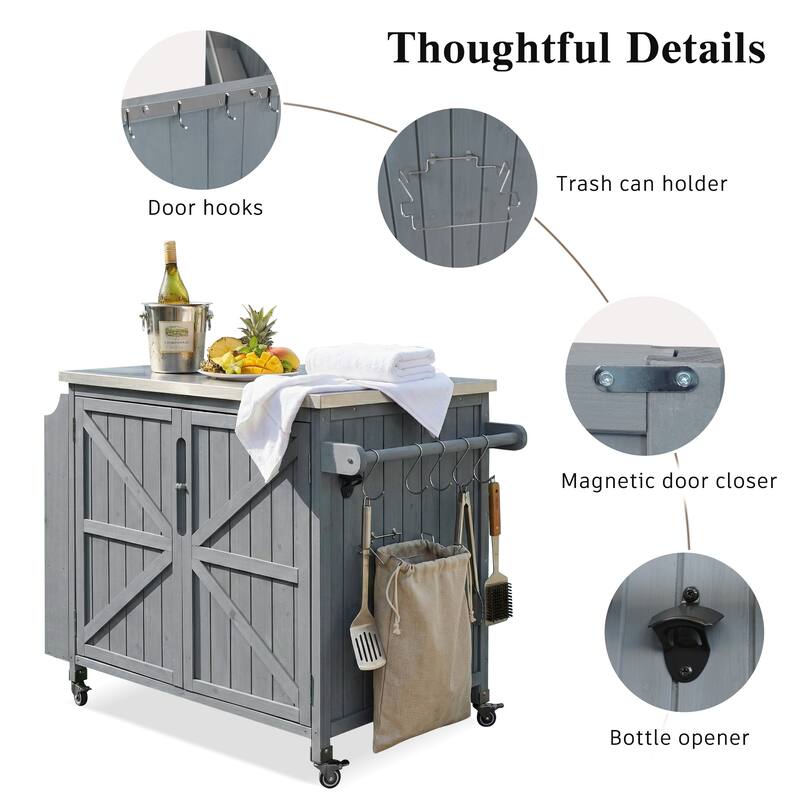 42.1" Outdoor Kitchen Island with Side Shelf, Stainless Steel Top, Adjustable Shelf & 4 Wheels