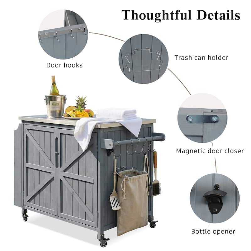 42.1" Outdoor Kitchen Island with Side Shelf, with Storage Cabinet, Outdoor Kitchen Cabinet, Adjustable Shelf and 4 Wheels