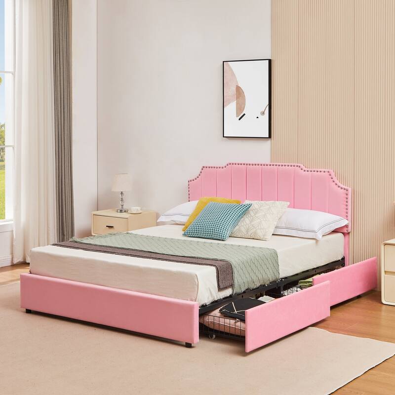 VECELO Upholstered Storage Bed Frame with Headboard & 4 Storage Drawers