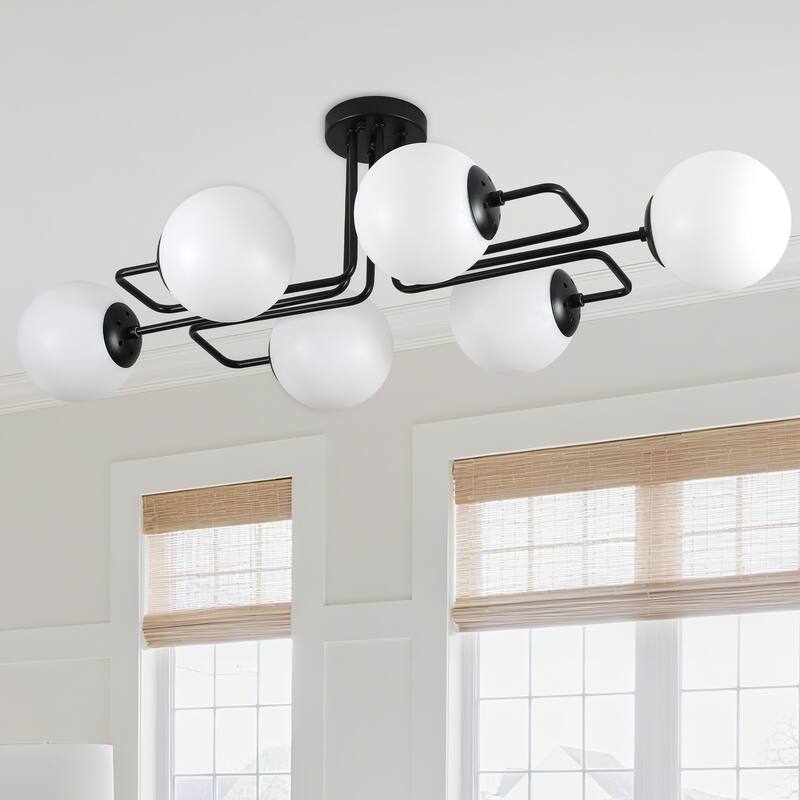 Mid - Century Modern 4 - Light Chandelier, Brass Frame with Glass Globes - W 36.6"