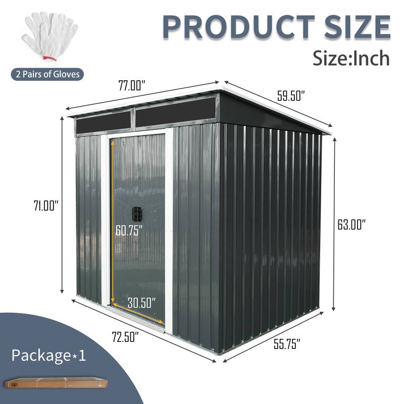 6ft x 5ft Outdoor Metal Storage shed with Lockable Sliding Doors and Transparent plate for Garden, Lawn