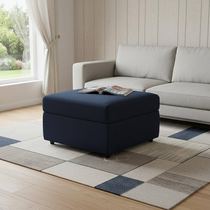 HomeRoots 30" Gray and Black Chenille Storage Ottoman - Blue