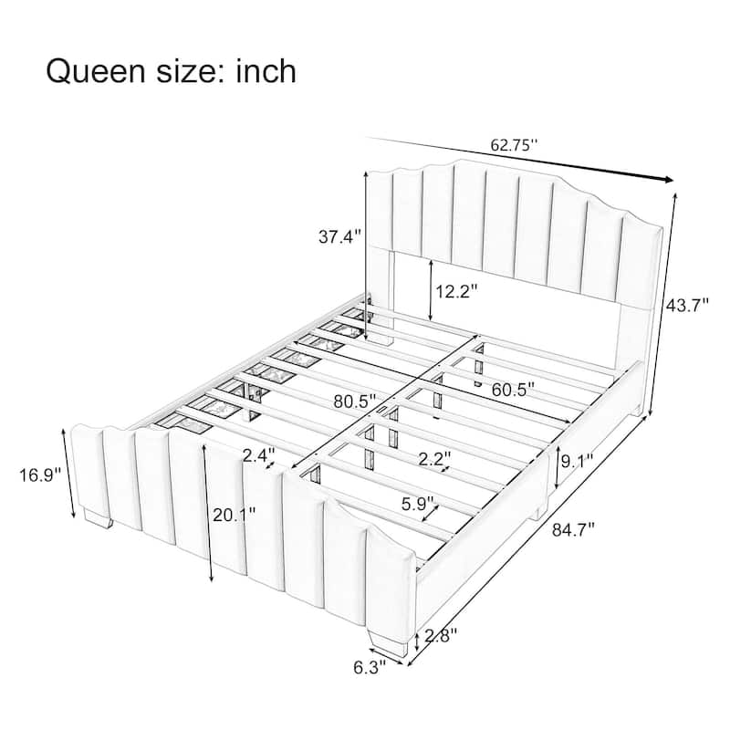 Queen Size Velvet Upholstered Bed with Channel Tufted Headboard & Solid Wood Frame (No Box Spring Needed)