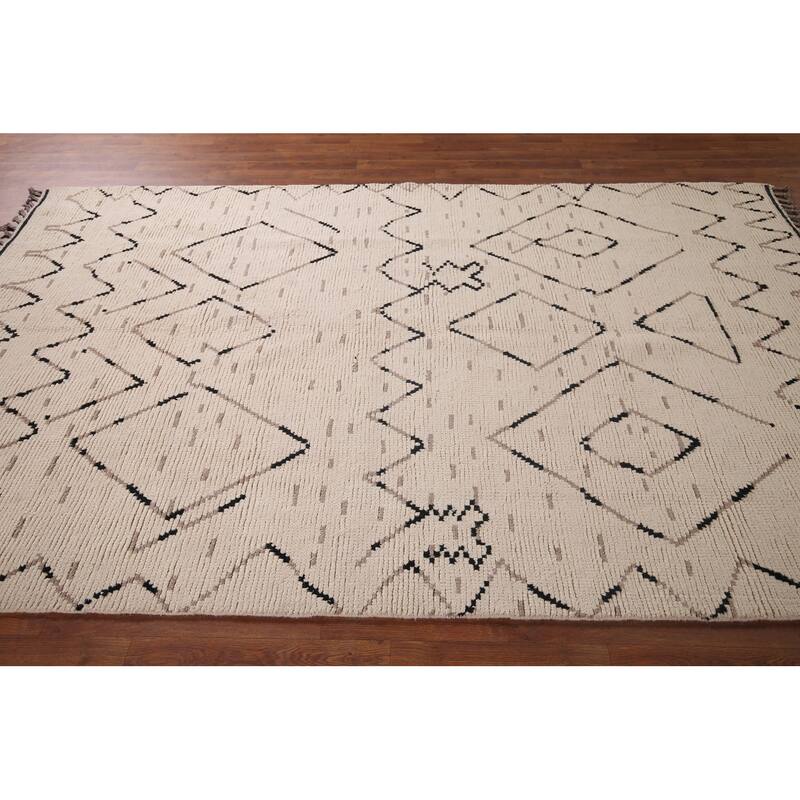All-Over Ivory Moroccan Area Rug Handmade Wool Carpet - 6'1"x 9'11"