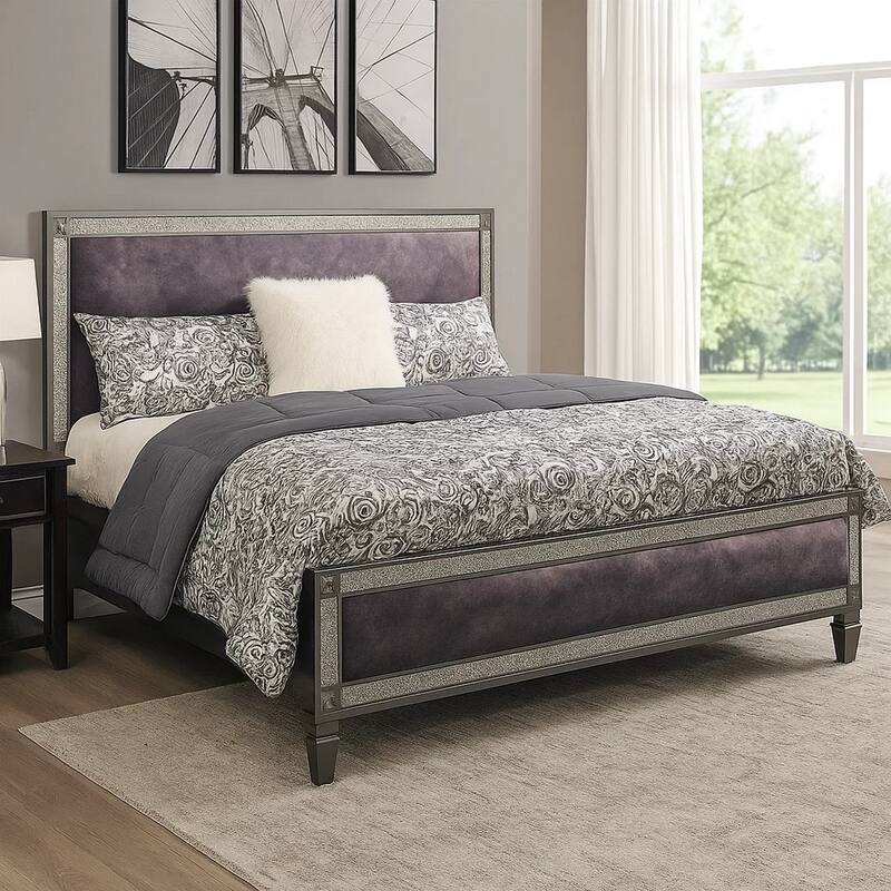 Laine Full Bed, Glam Crystal Acrylic Trim, Gray Fabric Upholstered