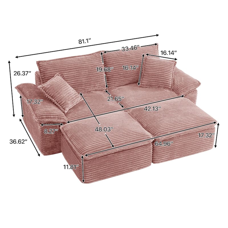 Rossetta 2-Seat Oversized Personalized Corduroy Soft Modular No Assembly Sofa with 2 Movable Ottoman