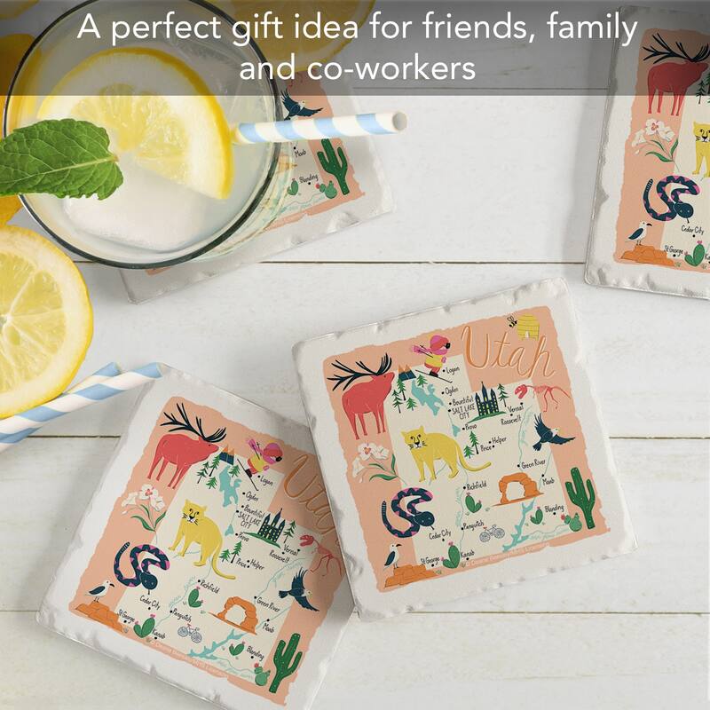 Utah Home 4-Pack Absorbent Stone Coasters with Protective Cork Backing 4" Square Made in The USA Artistic Easily Wipes Clean