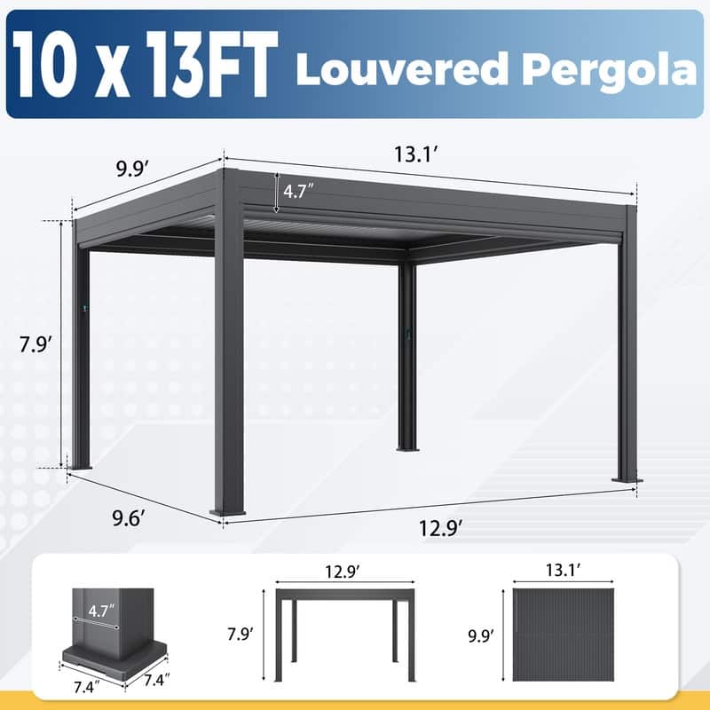 EROMMY Outdoor Louvered Pergola Gazebo with Adjustable Aluminum Rainproof Roof and Pull-Down Screen