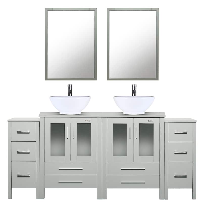 72" Bathroom Vanity Set Vessel Sink Cabinet Mirror Combo - Grey - white ceramic round sink