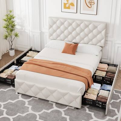 PU Leather Bed Frame with Adjustable Headboard and 4 Storage Drawers