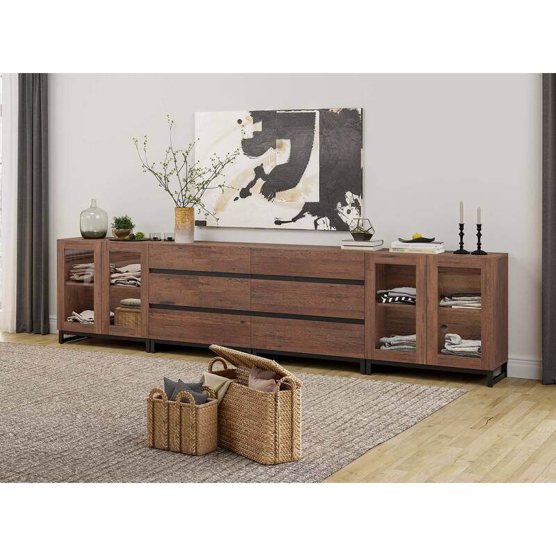 4 in 1 Multifunctional Dresser with Glass Doors & 6 Drawers, Adjustable Shelf Metal Base Storage Solution for Bedroom Closet - Brown - 6-drawer