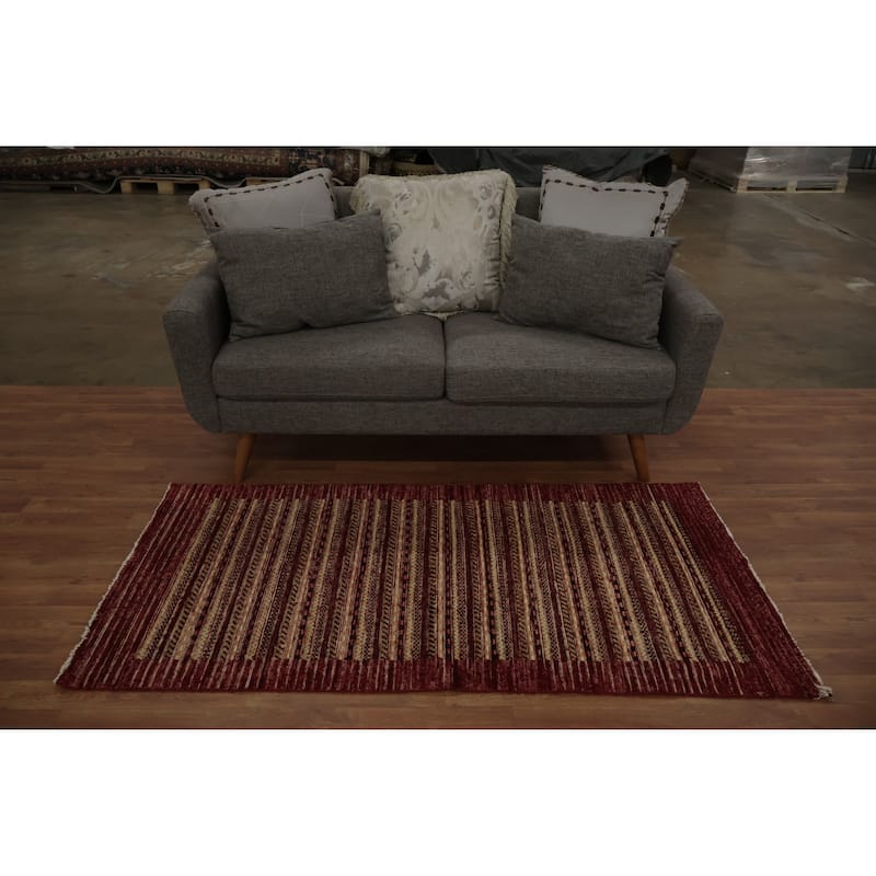 Hand Knotted Oriental 100% Wool Carpet Modern Stripe Red Gabbeh Area Rug - 5' 9'' X 2' 10''