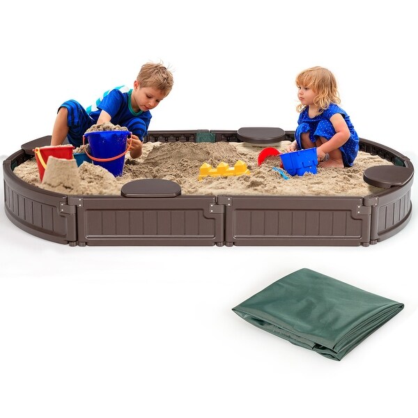 Costway 6F Wooden Sandbox with Built-in Corner Seat, Cover, Bottom