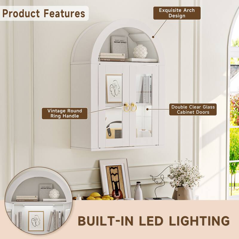 Wall Mounted Arched Cabinet with Glass Doors, Light and Adjustable Shelves for Laundry Room, Bathroom, Kitchen