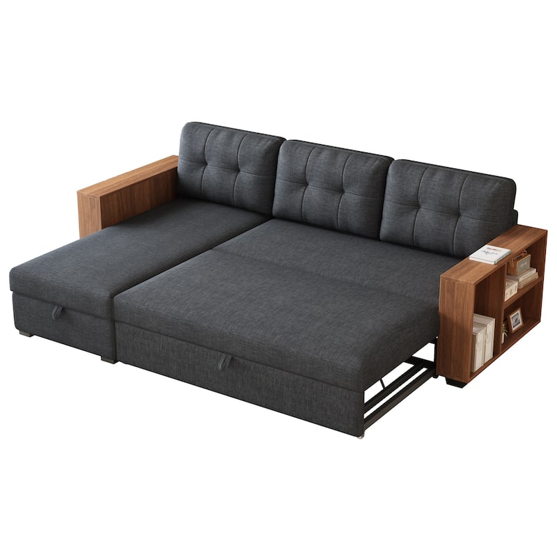 84" Linen Upholstered Sectional Sofa with Wooden Handrails, Pull-Out Bed and Storage Chaise