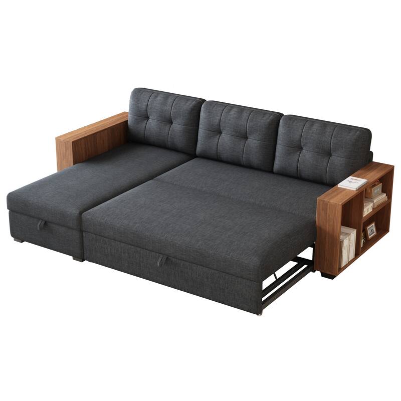 Upholstered Pull Out Convertible Sectional Sofa with Storage Chaise