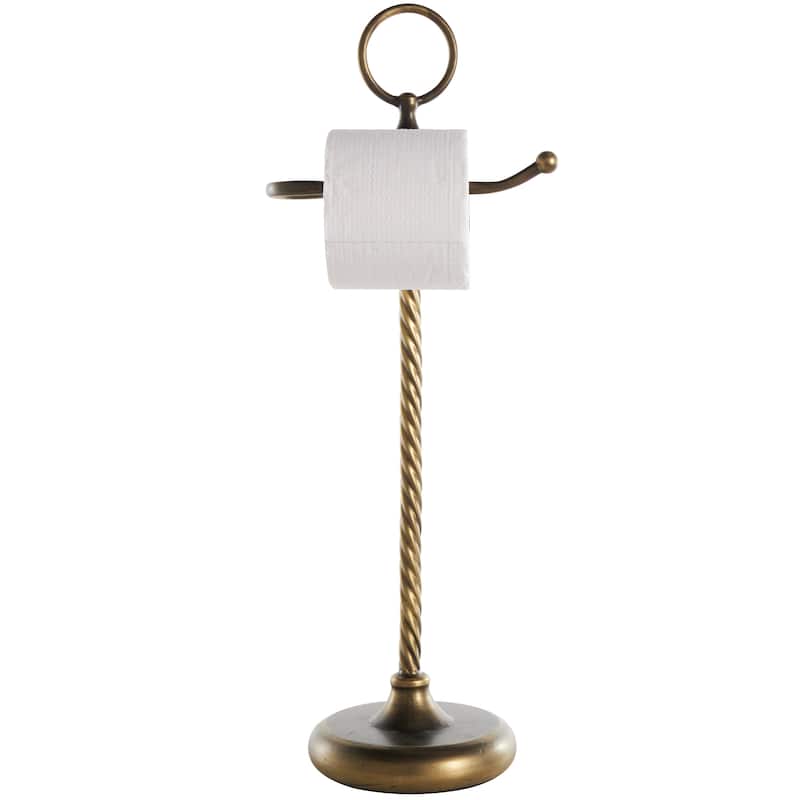 Metal Toilet Paper Holder with Twisted Stand and Ring Top - Brass - Roche River Decor - 7"W x 9"L x 24"H