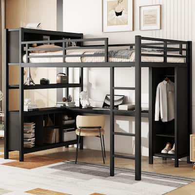Heavy Duty Full Size Loft Bed with Desk, Wardrobe, Storage Shelves, and Cubes for Teens, Dorms, Apartments