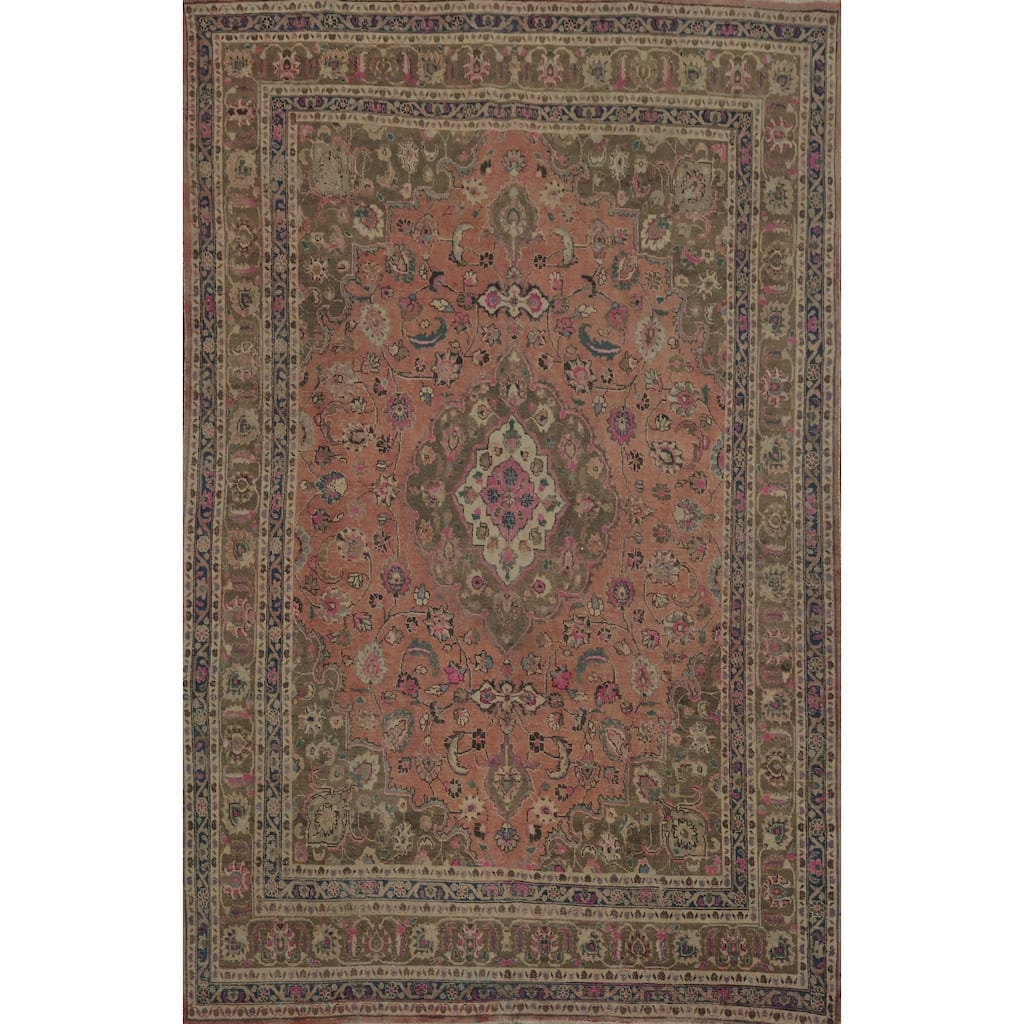 Hand Knotted Oriental 100% Wool Carpet Traditional Floral Coral Mashad Area Rug - 11' 4'' X 8' 1''