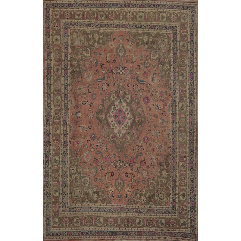Hand Knotted Oriental 100% Wool Carpet Traditional Floral Coral Mashad Area Rug - 11' 4'' X 8' 1''