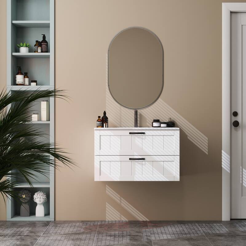 GDFStudio - 31.5" Modern Style Bathroom Cabinet, Double Drawer with Decor Line, Wall-Mounted Vanity