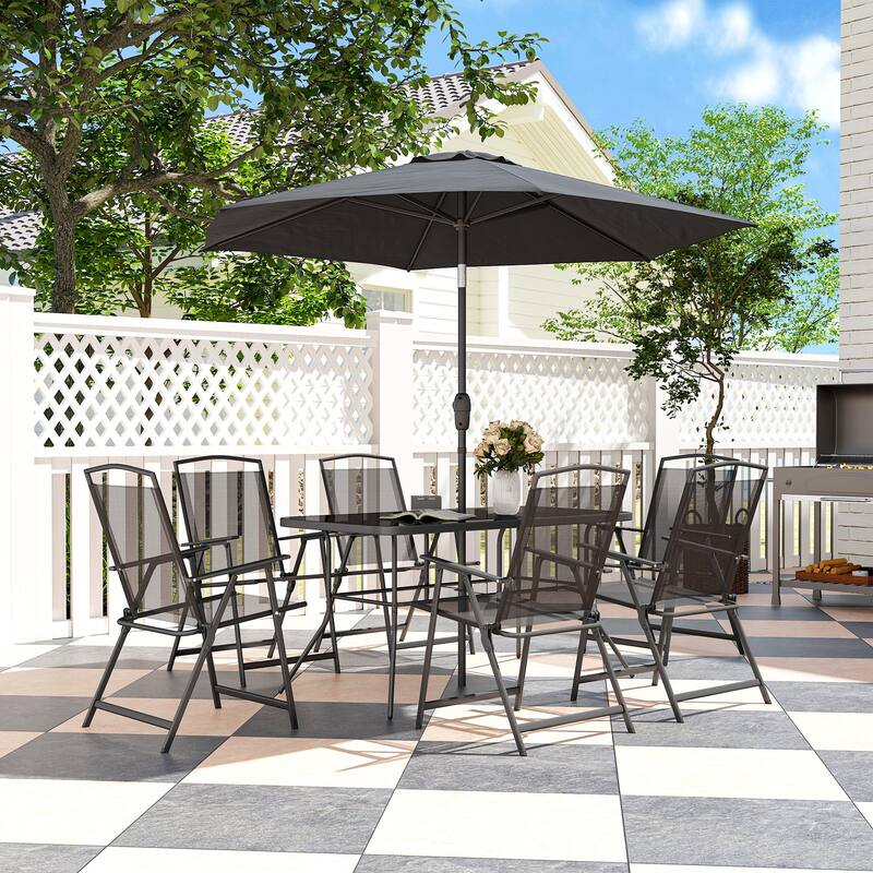 Outsunny 8 Piece Patio Dining Set with Table Umbrella, 6 Folding Chairs and Rectangle Dining Table
