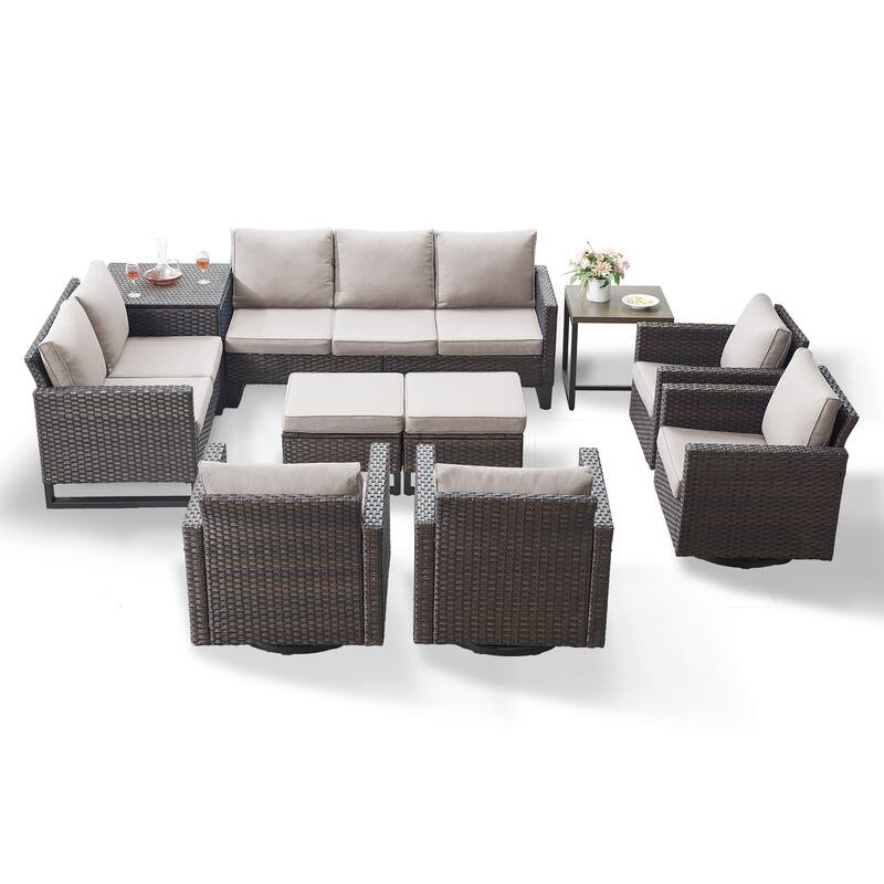 Gymojoy 9 Person Outdoor Patio Wicker Family Conversation Set Group With Swivel Chairs And Storage