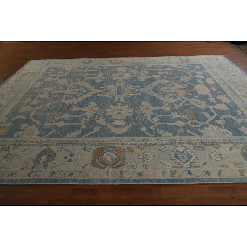 Hand Knotted Oriental 100% Wool Carpet Transitional All-Over Navy Blue & Blues Oushak Area Rug - 12' 5'' X 9' 9''
