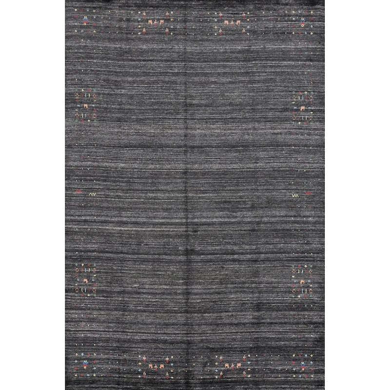Hand Knotted Oriental Viscose Silk Carpet Tribal Animal Pictorial Greys & Charcoal Gabbeh Area Rug - 11' 8'' X 8' 9''