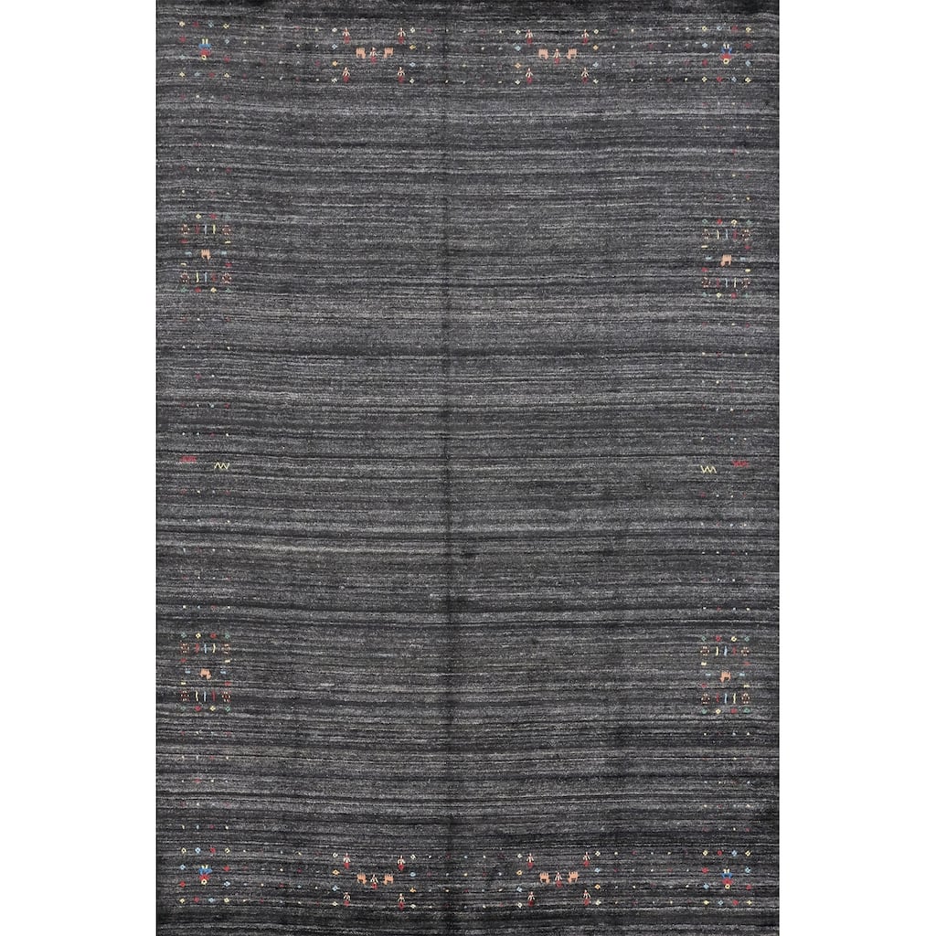 Hand Knotted Oriental Viscose Silk Carpet Tribal Animal Pictorial Greys & Charcoal Gabbeh Area Rug - 11' 8'' X 8' 9''
